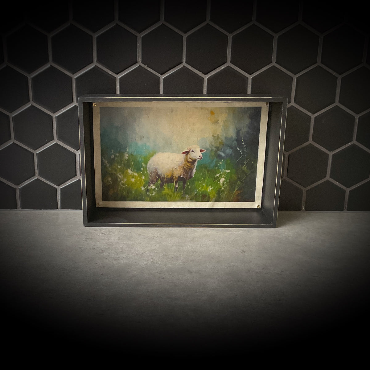 White Sheep Wildflower Waxwork Shadowbox