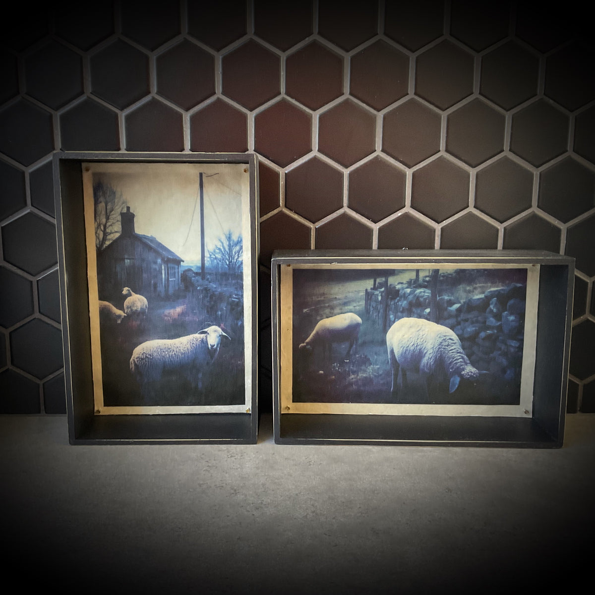 Moody Evening Sheep Waxwork Shadowbox