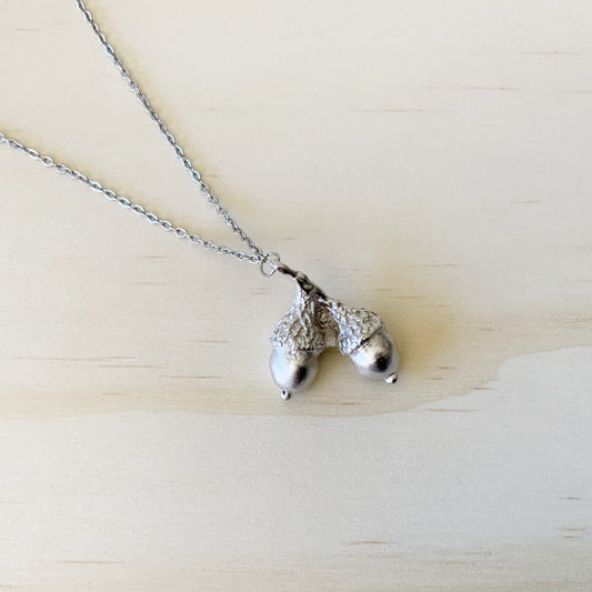 Double Acorn Necklace - Platinum Silver - The Sister Label